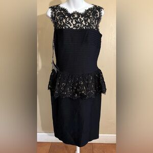 Tadashi Shoji Black Lace Overlay Peplum Midi Dress Large Cocktail Party Wedding